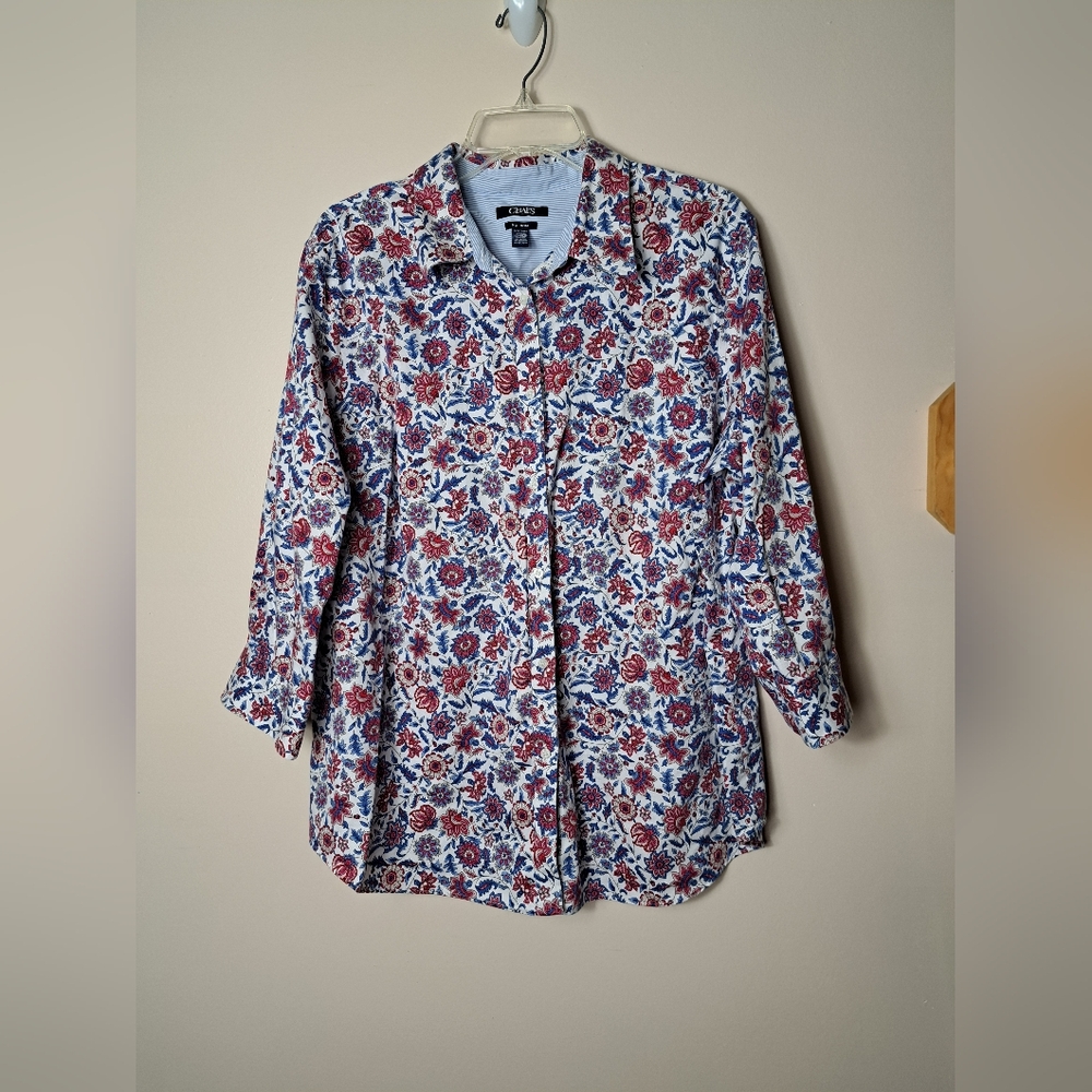 Chaps Button Front Blouse Size 2X Woman Floral No Iron Contrasting Flip Cuffs